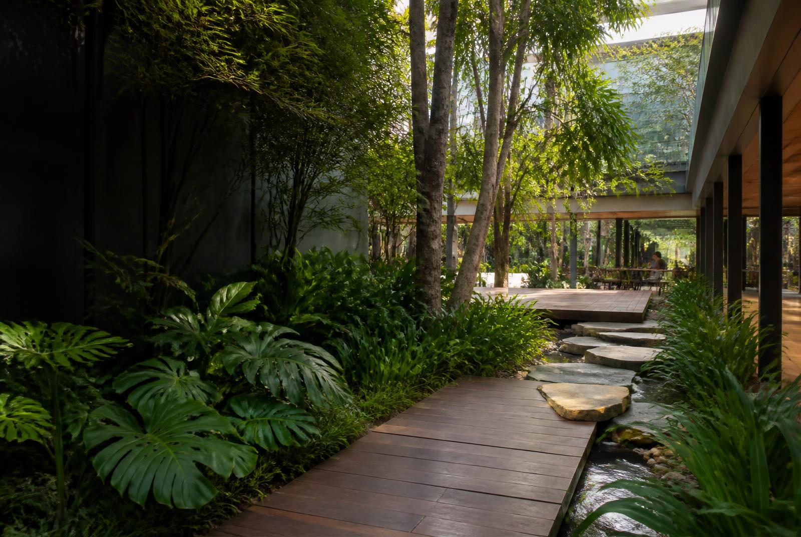 Jardim integrado a um espaço contemporâneo de convivência